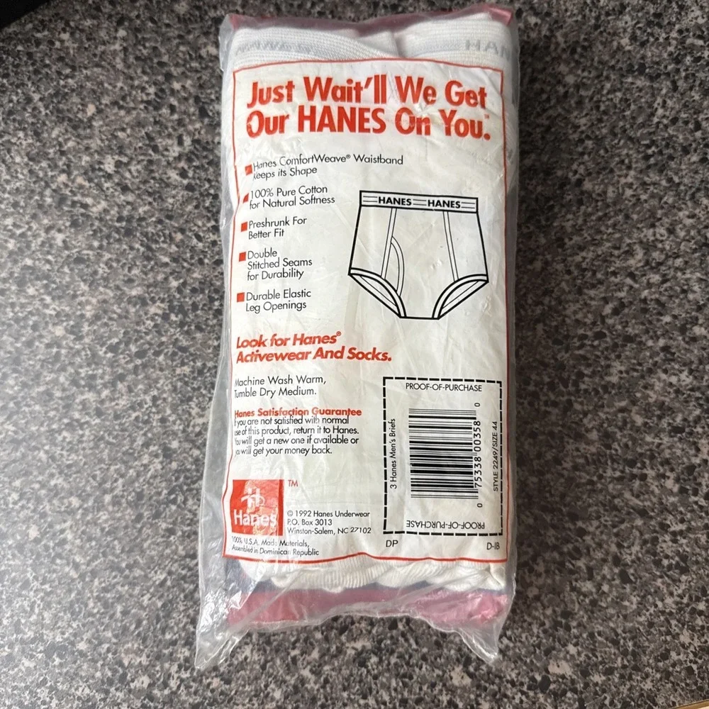 Vintage‎ 90s Hanes Mens Briefs 3 Pack NOS  Size 44 White Cotton